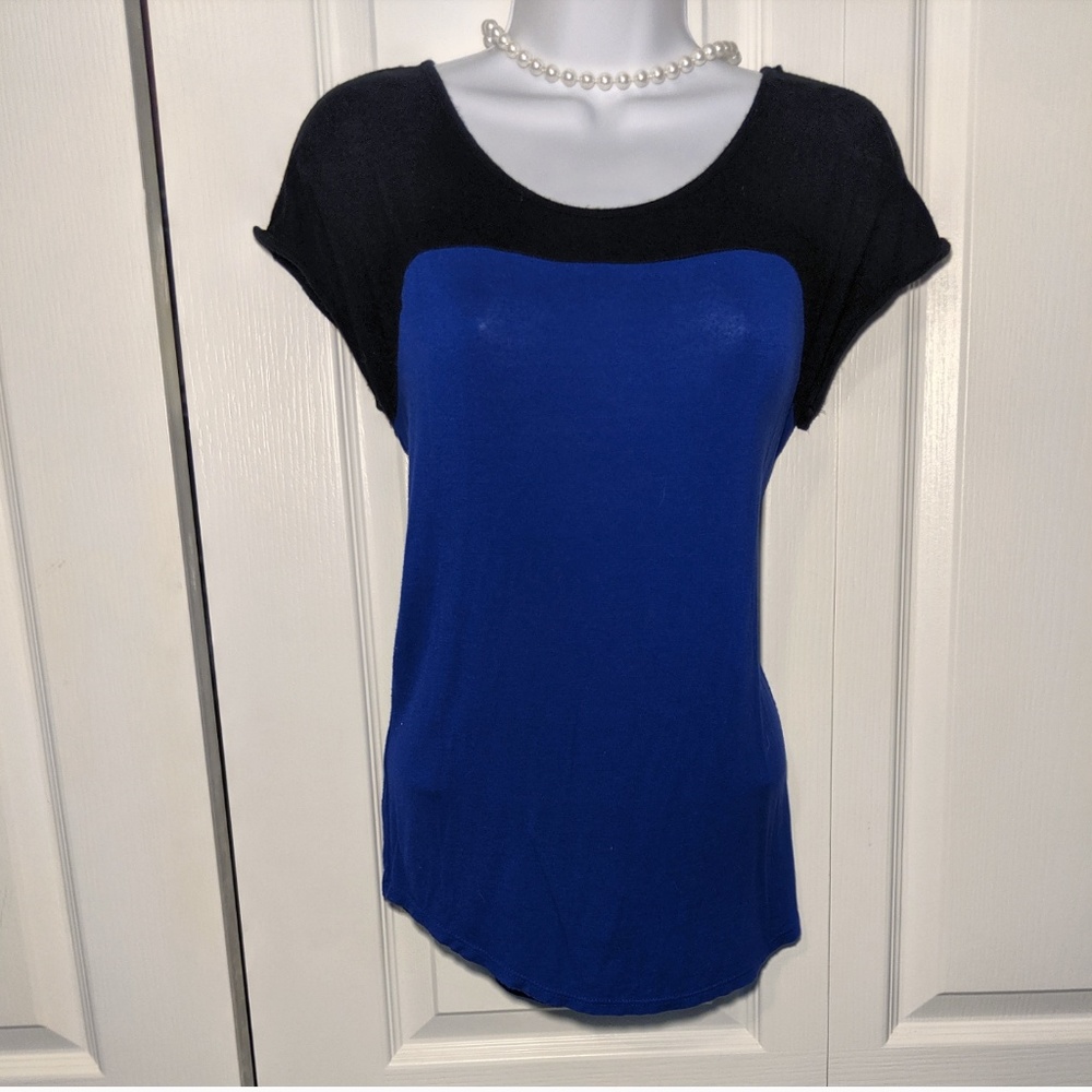 Blue and black cap sleeve blouse